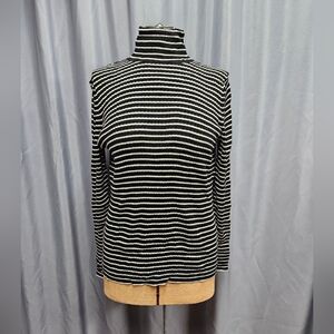 Talbot's Women's Black and White Striped Ribknit Turtleneck Longlseeve Top (L)